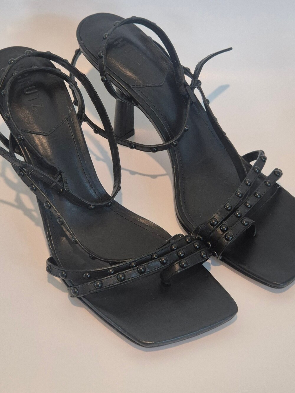Schutz Black Leather
Strappy Studded Stiletto Square
Toe Heels Size 9